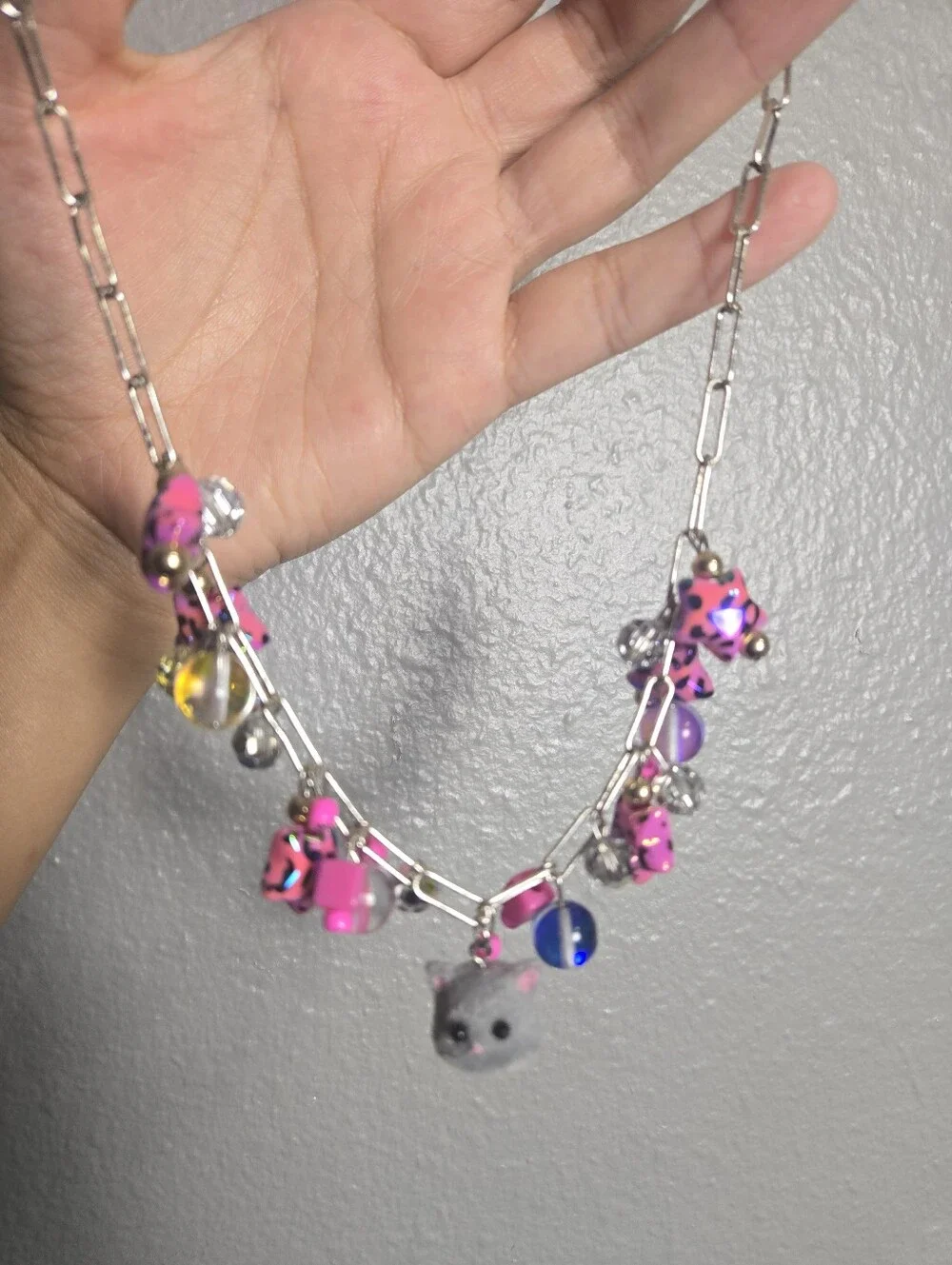 Pink Leopard Charm Necklace with Gray Cat Pendant